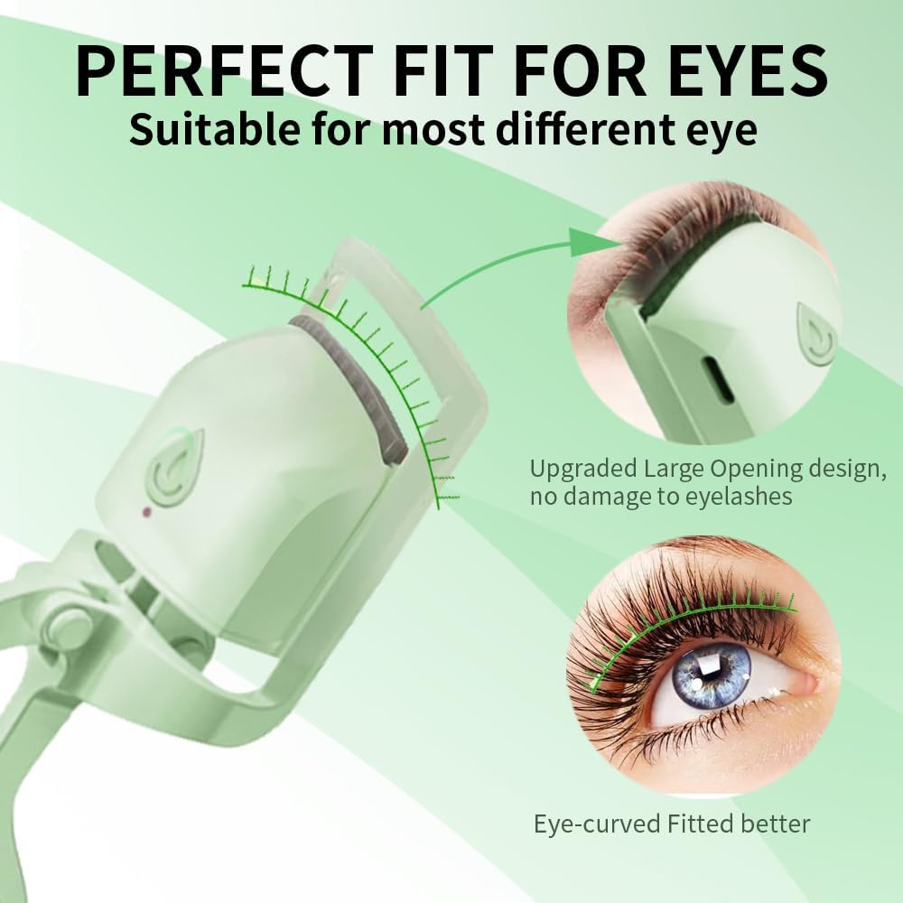 Heated Eyelash Curler, Fast 5s Heat up, 24 Hours Long Lasting, Rechargeable Electric Lash Curler, Temperature Control, Safe Anti-Burn Eye Lash Curler, Quick Natural Curling Lashes (Green)