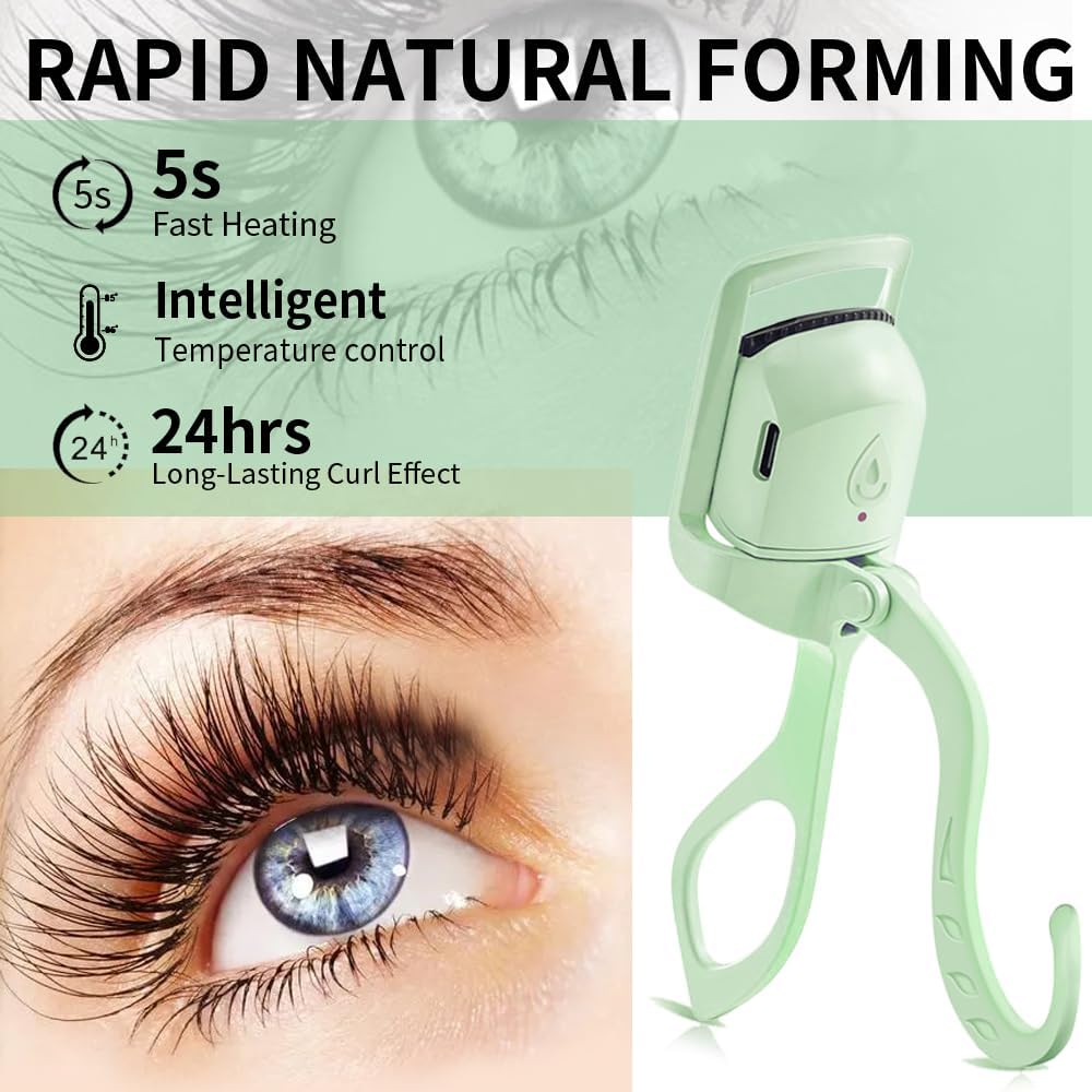 Heated Eyelash Curler, Fast 5s Heat up, 24 Hours Long Lasting, Rechargeable Electric Lash Curler, Temperature Control, Safe Anti-Burn Eye Lash Curler, Quick Natural Curling Lashes (Green)
