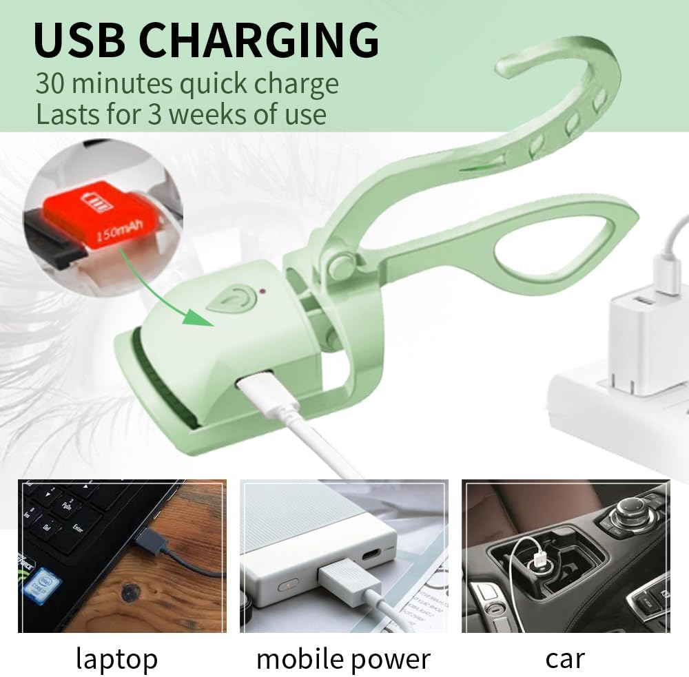 Heated Eyelash Curler, Fast 5s Heat up, 24 Hours Long Lasting, Rechargeable Electric Lash Curler, Temperature Control, Safe Anti-Burn Eye Lash Curler, Quick Natural Curling Lashes (Green)
