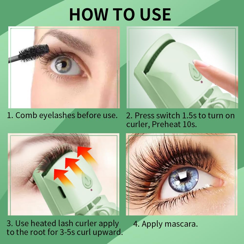 Heated Eyelash Curler, Fast 5s Heat up, 24 Hours Long Lasting, Rechargeable Electric Lash Curler, Temperature Control, Safe Anti-Burn Eye Lash Curler, Quick Natural Curling Lashes (Green)