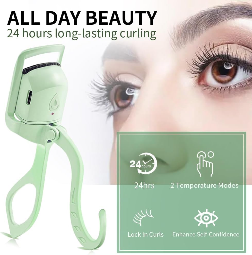 Heated Eyelash Curler, Fast 5s Heat up, 24 Hours Long Lasting, Rechargeable Electric Lash Curler, Temperature Control, Safe Anti-Burn Eye Lash Curler, Quick Natural Curling Lashes (Green)