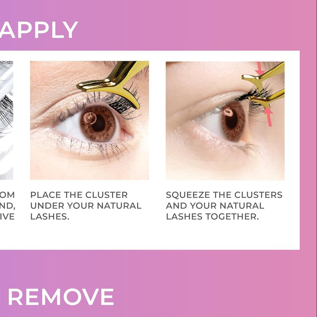 Falsies Press On Self Adhesive Eyelashes, 12mm-14mm Natural Volume Press On Lashes, Black, No Glue Needed, Invisible Band, 20 Lash Clusters & Non-Stick Applicator - Natural