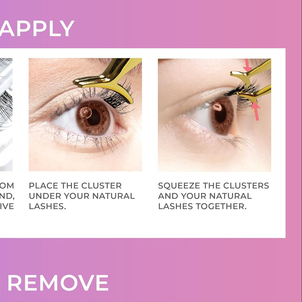 Falsies Press On Self Adhesive Eyelashes, 12mm-14mm Natural Volume Press On Lashes, Black, No Glue Needed, Invisible Band, 20 Lash Clusters & Non-Stick Applicator - Natural