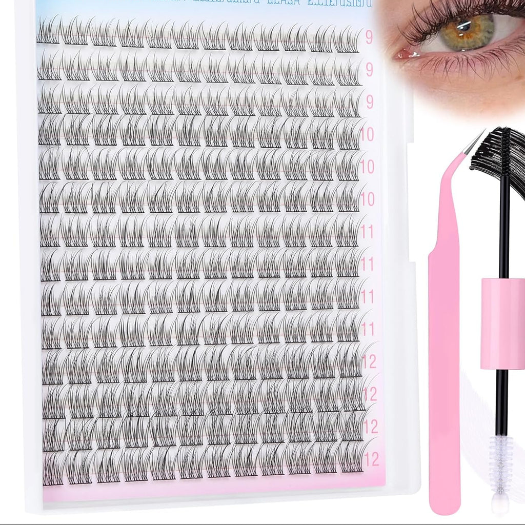 Natural Lash Extension Kit 168Pcs Lash Clusters Kit Wispy Eyelash Extensions 9-12MM Individual Lashes Extensions with Bond and Seal Lash Glue and Eyelash Extension Tweezers DIY at Home by