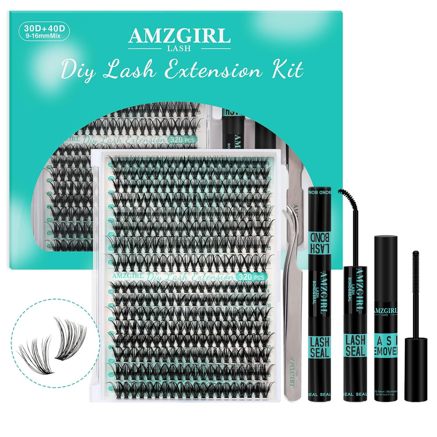 Lash Clusters Kit 320Pcs,DIY Individual Lashes Clusters Kit,Lash Bond And Seal,Lash Remover For Eyelashes Extensions,Lash Applicator Tool For False Eyelash Cluster Kit At Home(3040D,D-Mix9-16mm Kit)