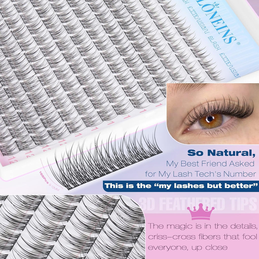 Natural Lash Extension Kit 168Pcs Lash Clusters Kit Wispy Eyelash Extensions 9-12MM Individual Lashes Extensions with Bond and Seal Lash Glue and Eyelash Extension Tweezers DIY at Home by